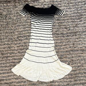 New ! BCBGMaxAzria Black and Cream Striped Midi Dress, Size XXS